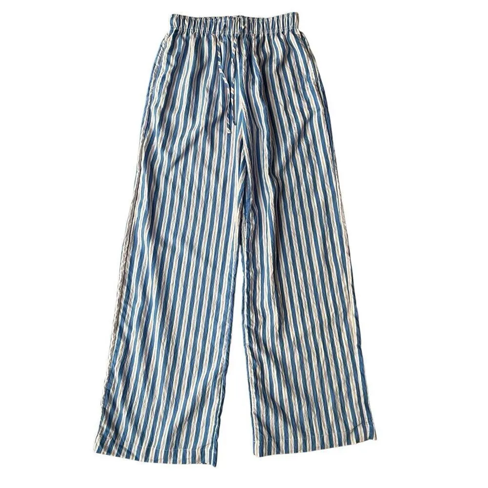 Bershka tie waist wide leg linen look trousers in blue & pink stripe Size M - Image 5