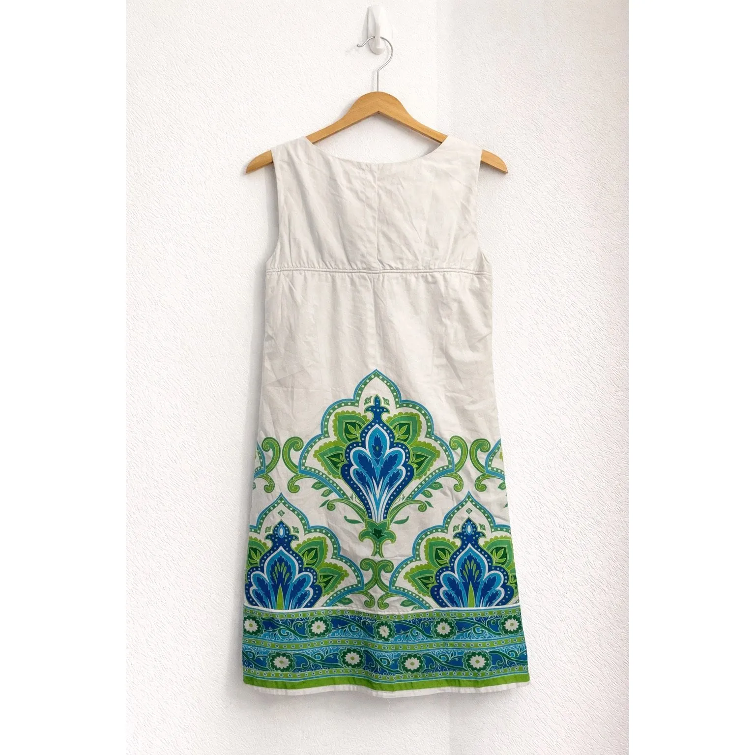 London Times Petites Printed Shift Dress White Blue Green Sleeveless Size 12P - Image 2