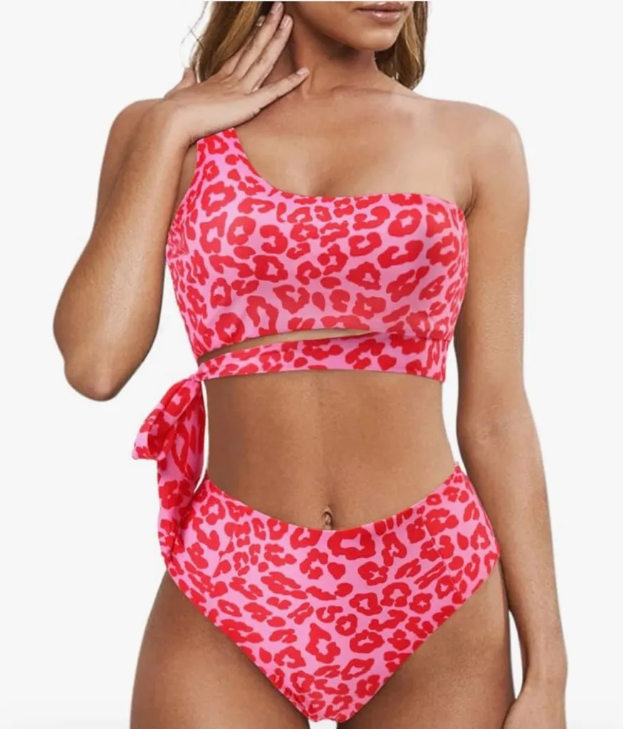 NEW 1 Shoulder High Waisted Bikini Tie One Shoulder High Cut 2 Pc M 8/10 - Image 1