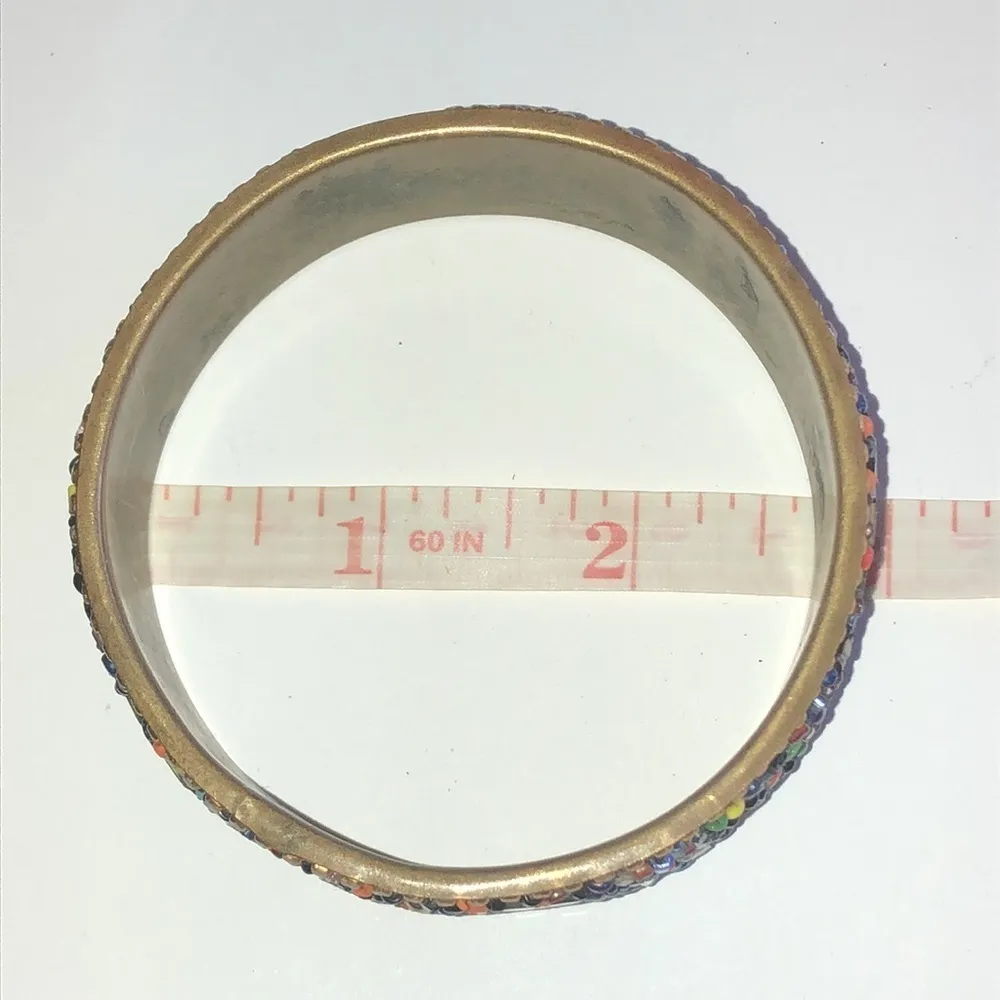 Vintage Colorful Unique Seed Bead Beaded Brass Bangle Bracelet - Image 6