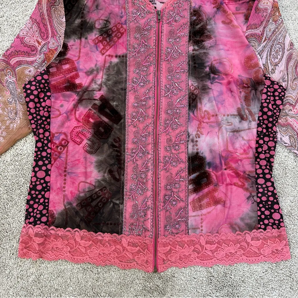 Jaipur Women’s Mesh Sheer Full Zip Blouse Top Beaded Longsleeve Fairy in Pink L Size L - Image 4