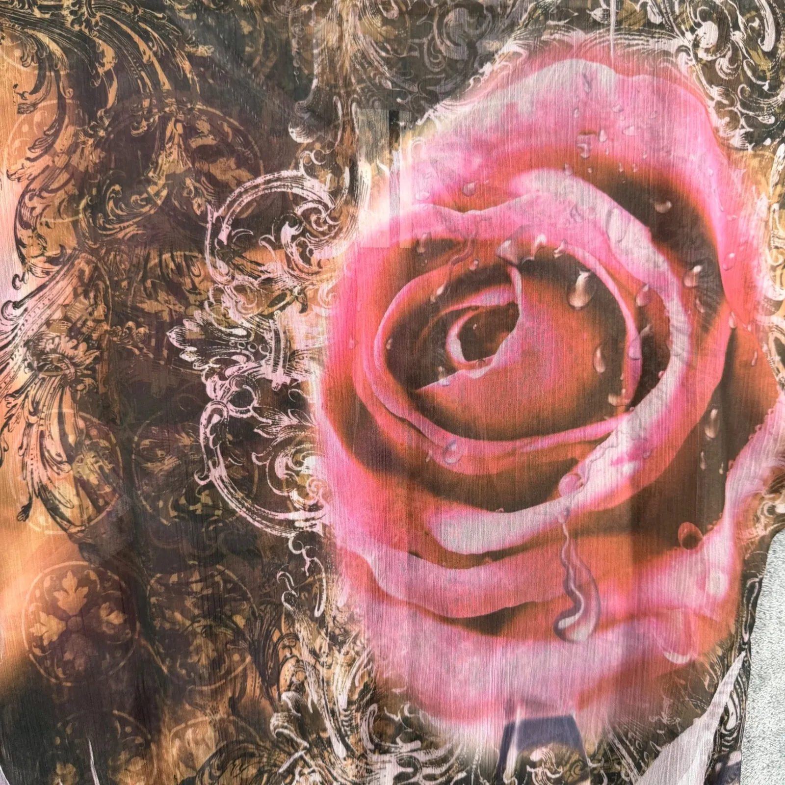 Carrie Allen Rose Graphic Chiffon Blouse Whimsigoth Fairycore Boho Romantic Top Brown Size L - Image 5