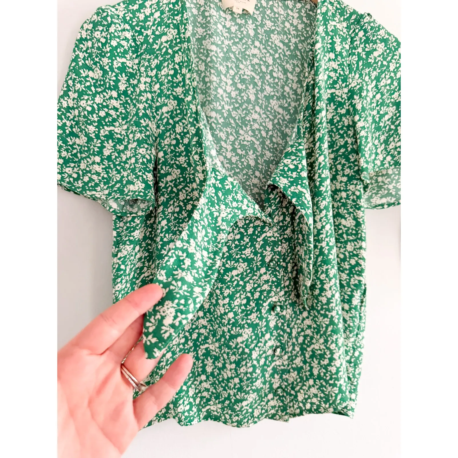 Sézane | Eloine Blouse Garden Green Floral Tie Front | Sz 2 - Image 8