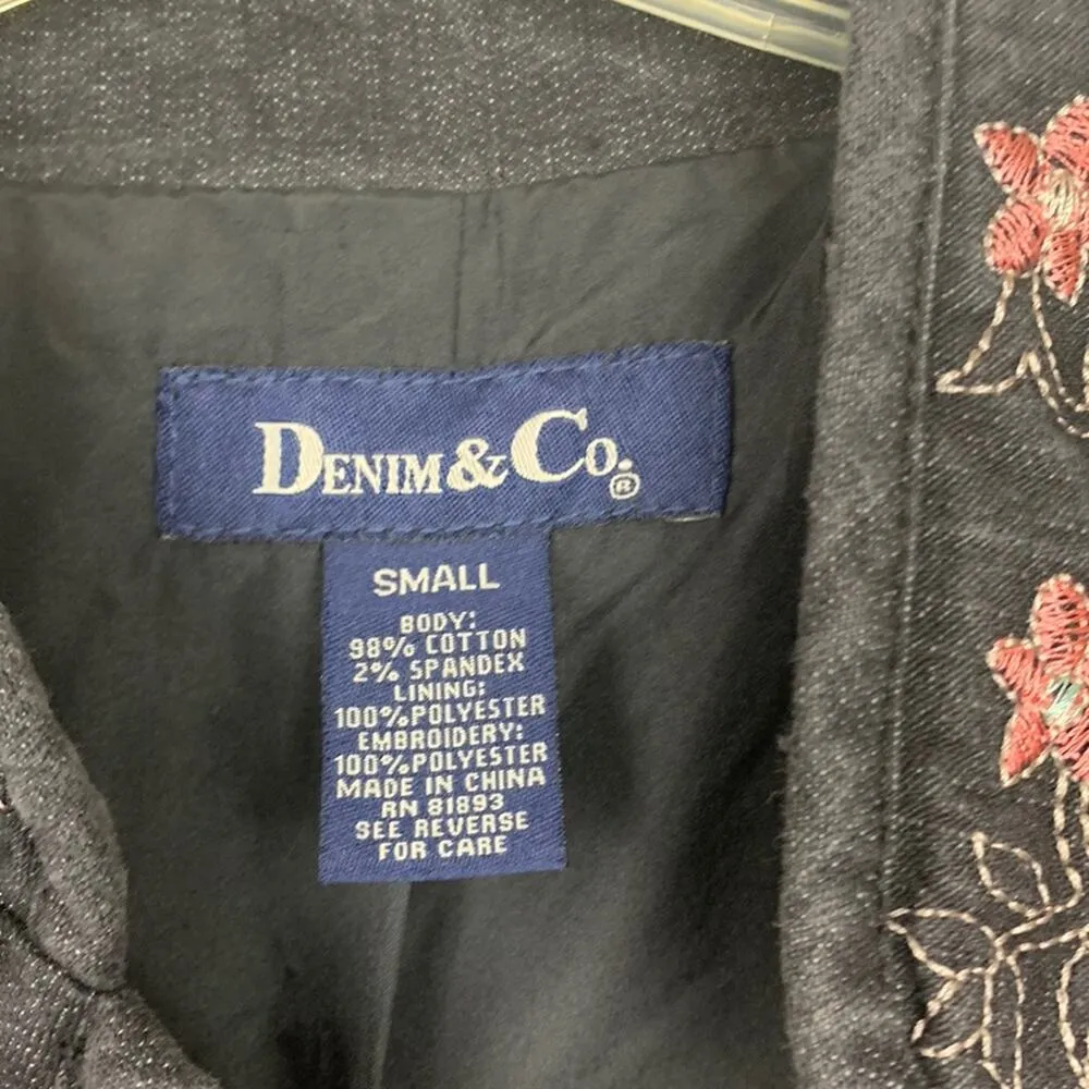Denim & Co womens small black floral embroidered button up jacket blazer fairy b - Image 2