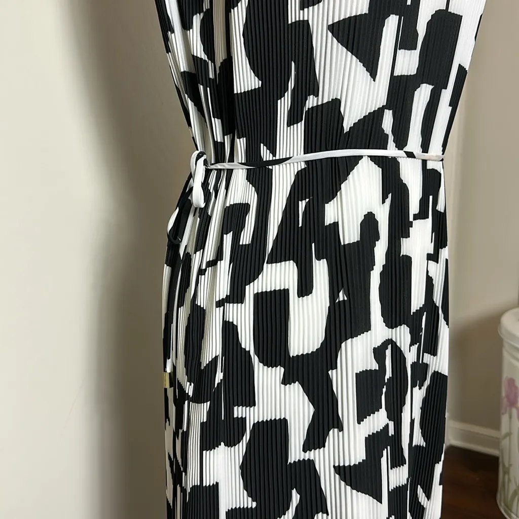 MILLY Melina Pleater Midi Dress Black‎ & White High Neck Structured Size 10 - Image 5