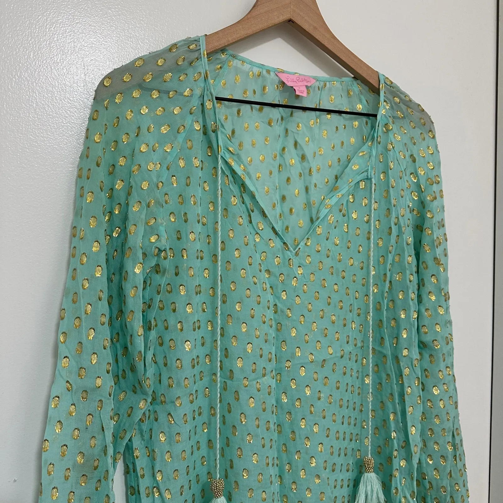LILLY PULITZER | Rilla Silk Blend Seafoam Green Gold Dot Tassel Blouse Top, S - Image 5