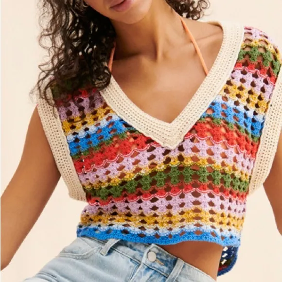 BDG Urban Outfitters Women’s Crochet Knit Tank Top V-Neck Crop Pullover Stripe S - Image 3