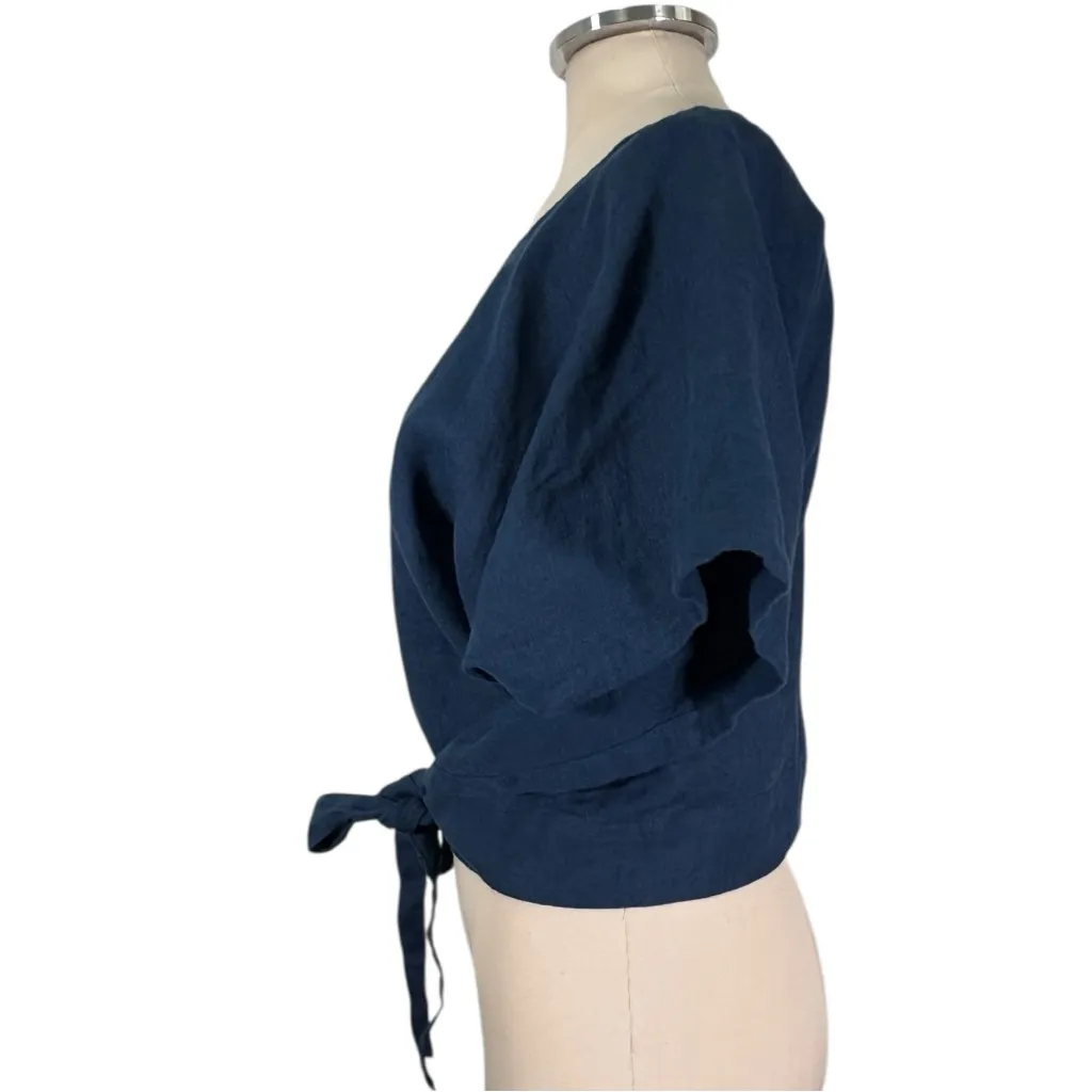 Not Perfect Linen Short Sleeve Wrap Front Top Size M/L Blue - Image 8