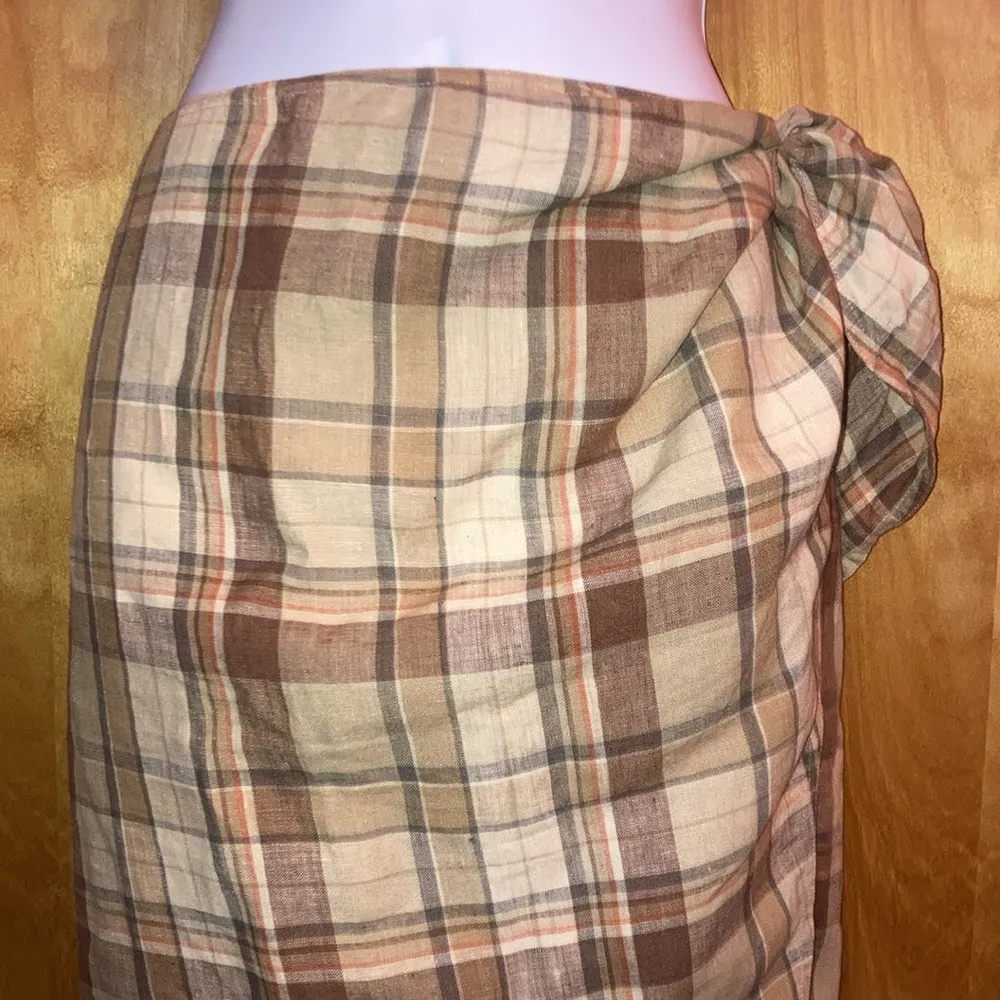 Tan Plaid Linen Ralph Lauren Wrap Around Skirt Vintage - Sz 4/6 - Image 2