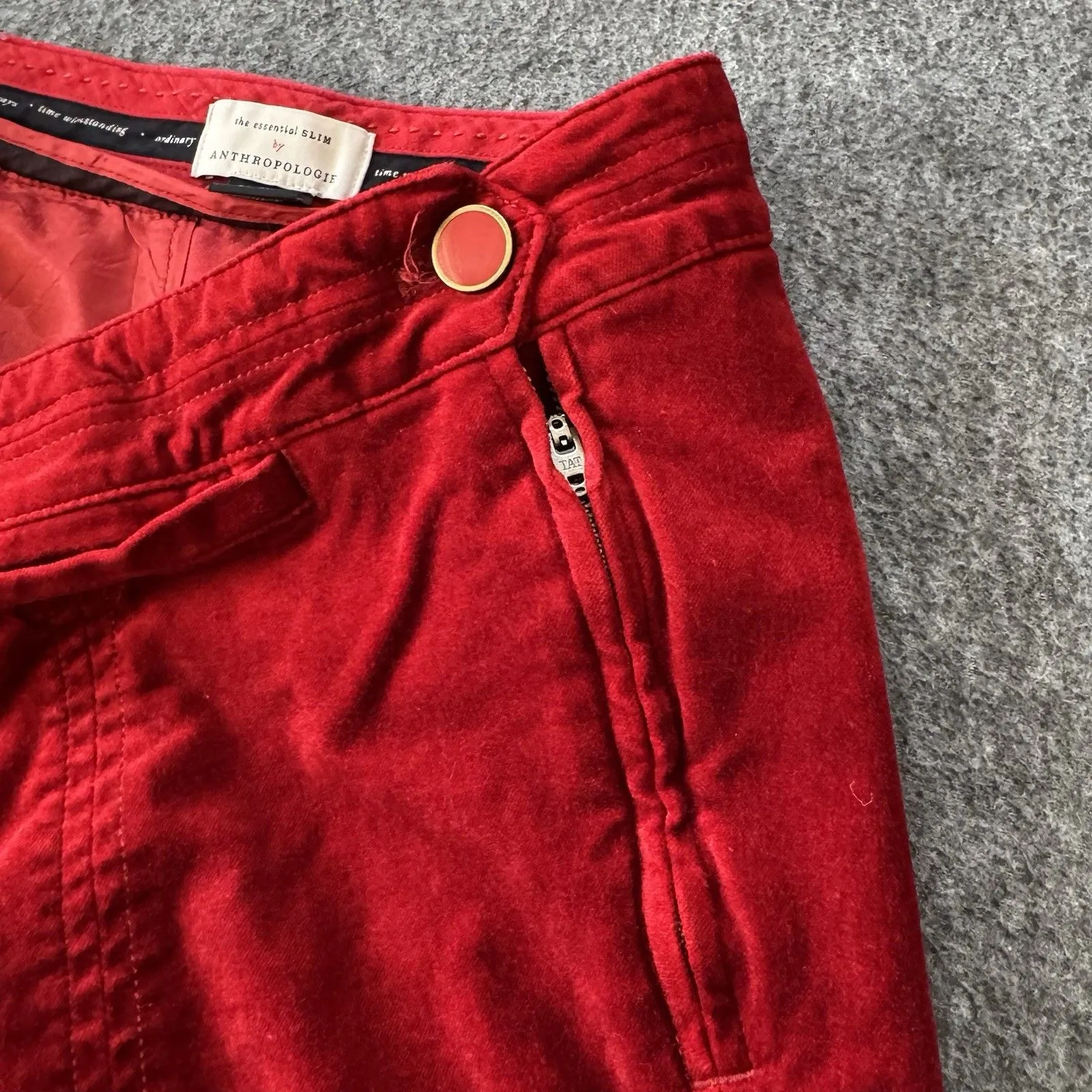 Anthropologie The Essential Slim Ankle Red Velvet Velour Trousers Size 10P - Image 9