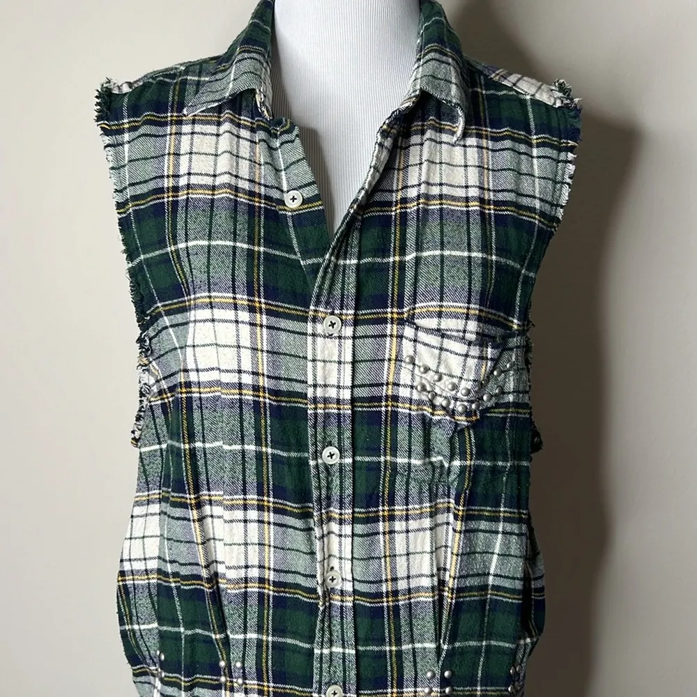 Free People Green Plaid Flannel Sleeveless Dress - Image 2