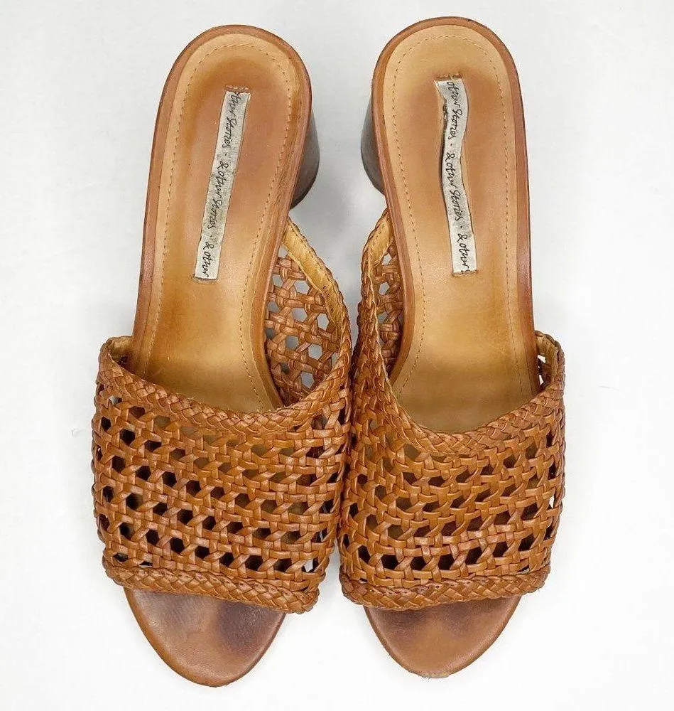 & Other Stories & Other Stories Woven Leather Heeled Mule Sandals Wooden Block Heel Brown 38 - Image 3