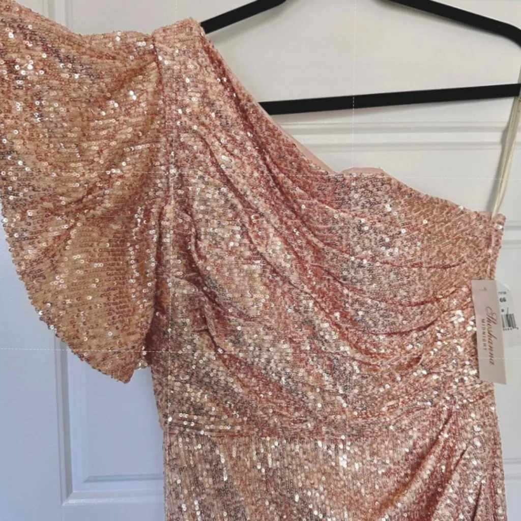 Shoshanna Dahlia Sequin One-Shoulder Ruffle Sleeve Minidress, Rose Gold / Pink, - Image 5