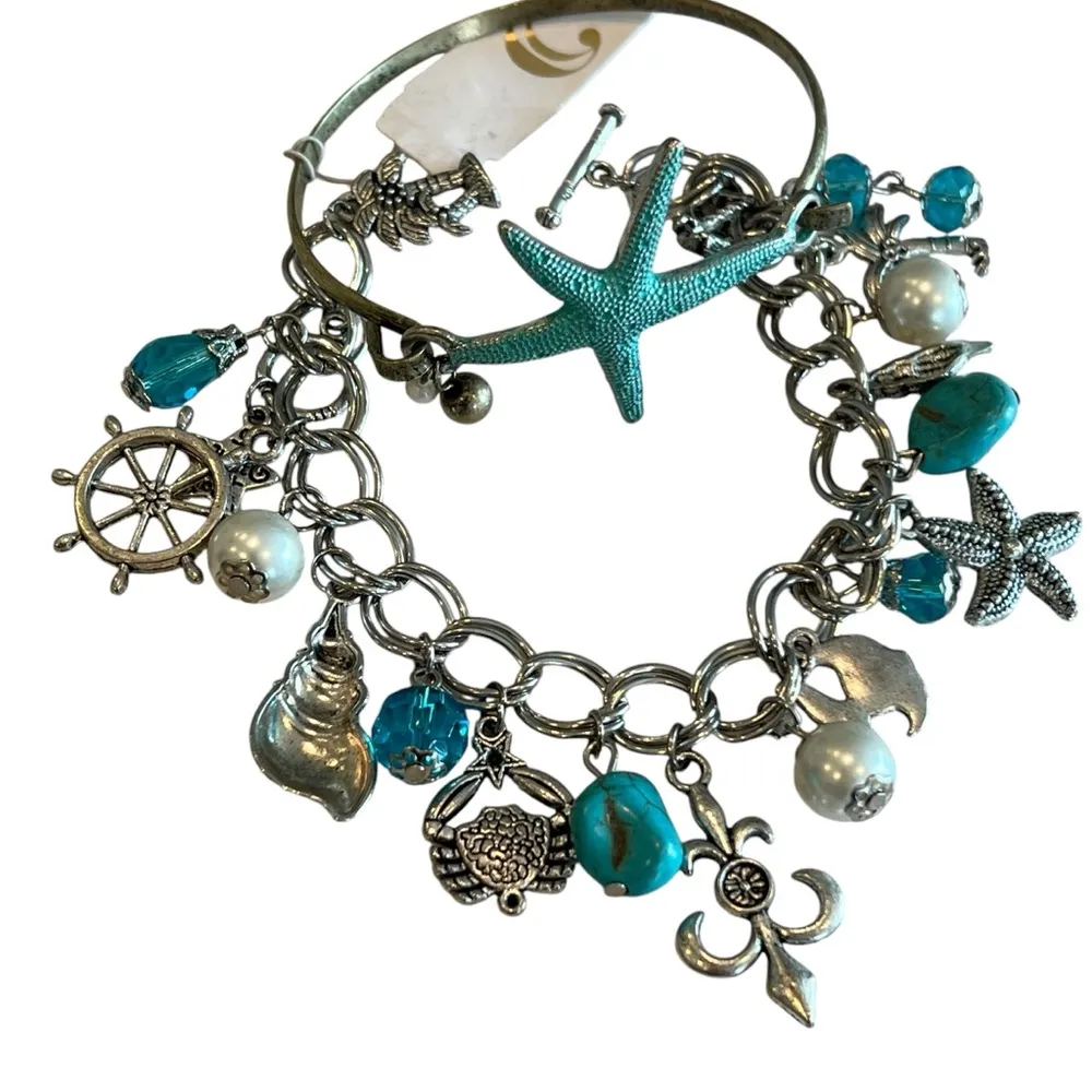 2 ocean themed bracelets. Starfish seashells beads charm bracelet bangle silver - Image 2