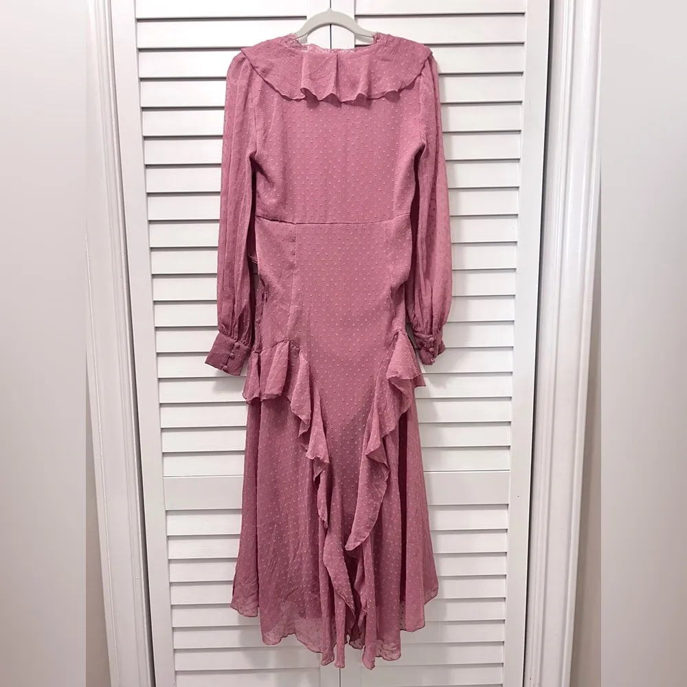 Design Long Sleeve Lace Trim Ruffle Midi Dress Deep Rose Size 6 - Image 6