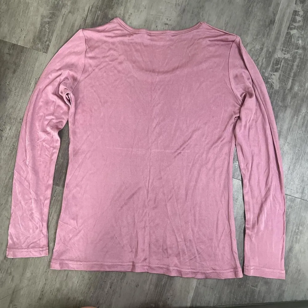 Long Sleeve Satin Crewneck TShirt Pink Size Medium - Image 3