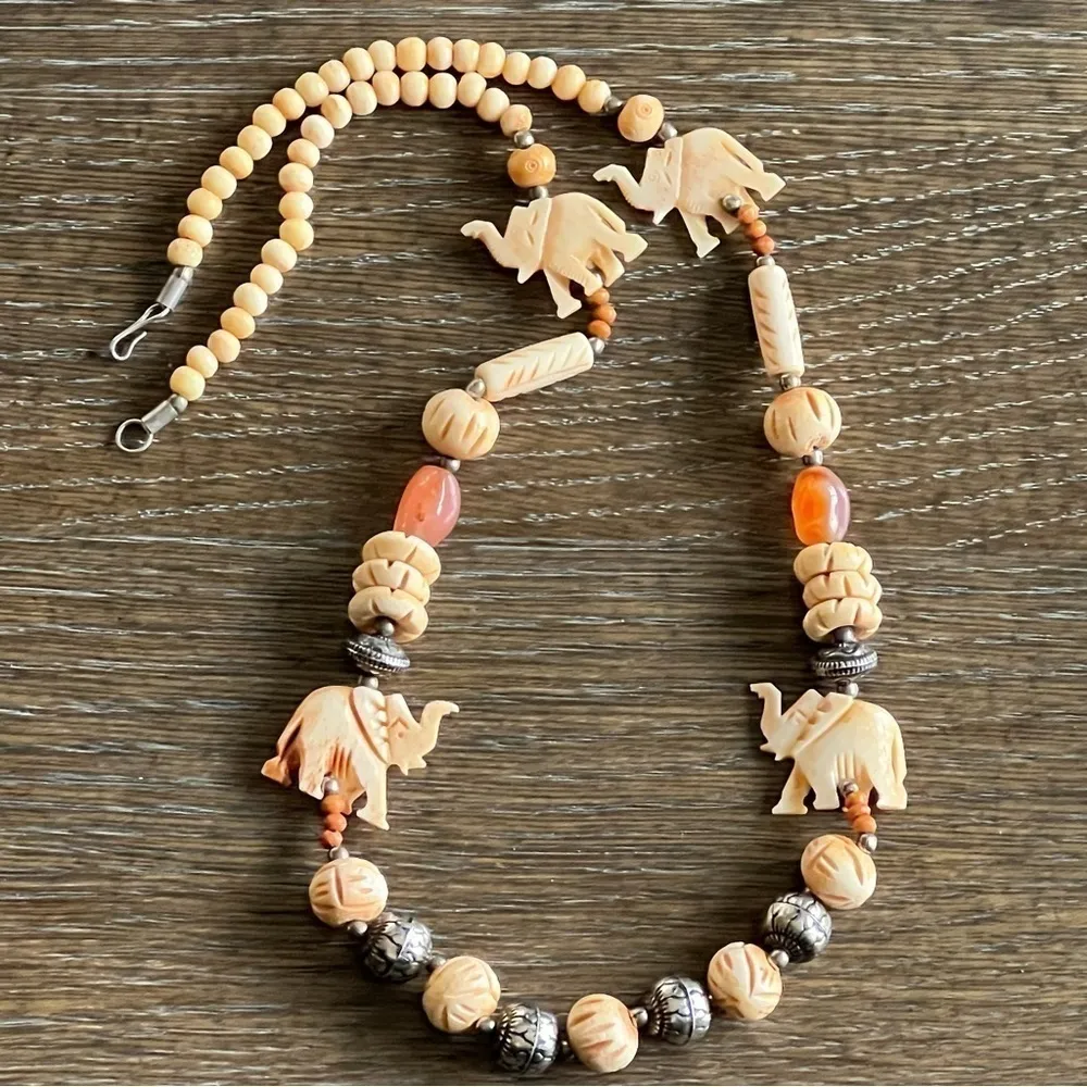 Hand Crafted authentic carved bone beads necklace with agathe & elephant Tan - Image 3