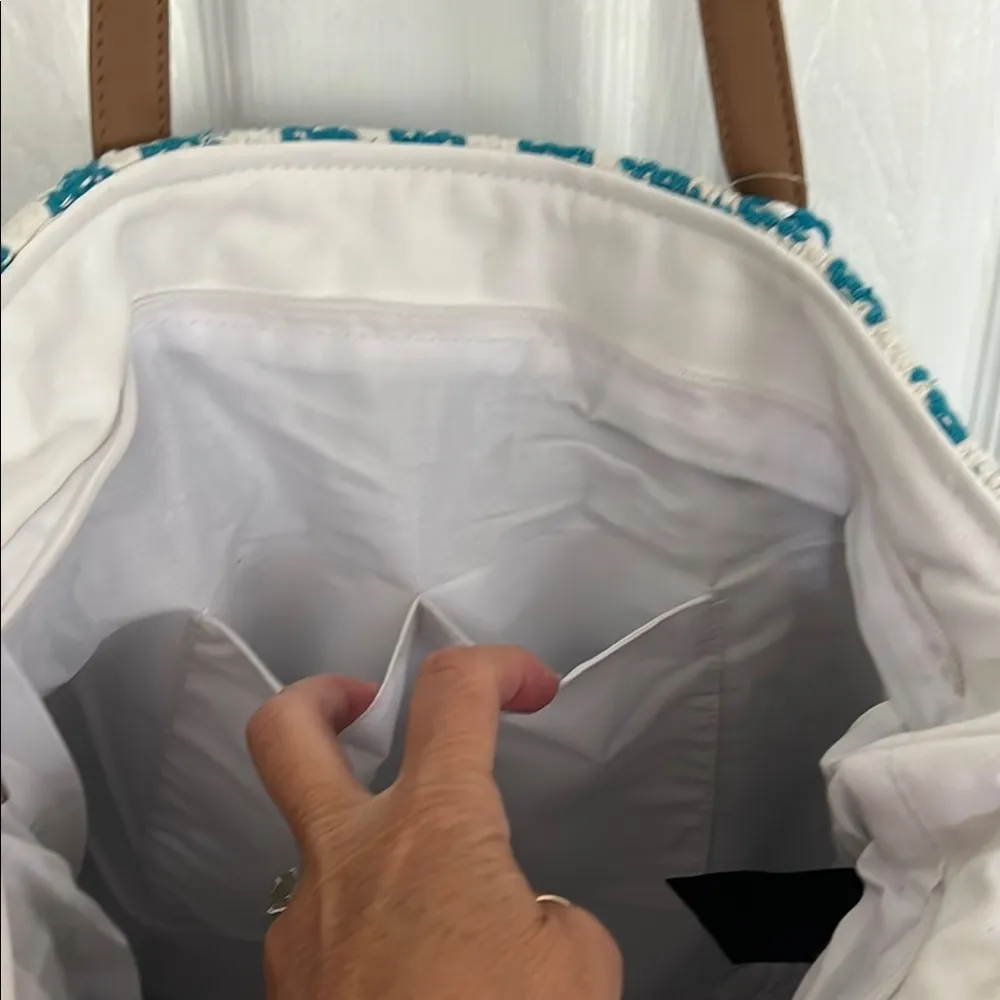 Blue and White Geometric Tote Bag with Leather Straps - Image 3