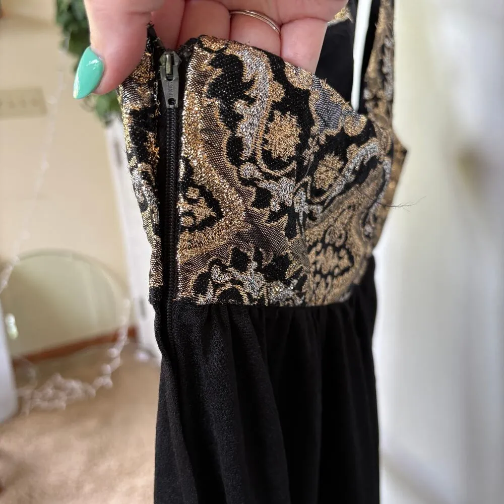 Vintage Gold Embroidered Black Maxi One Shoulder Evening Gown Long Dress 9 - Image 6