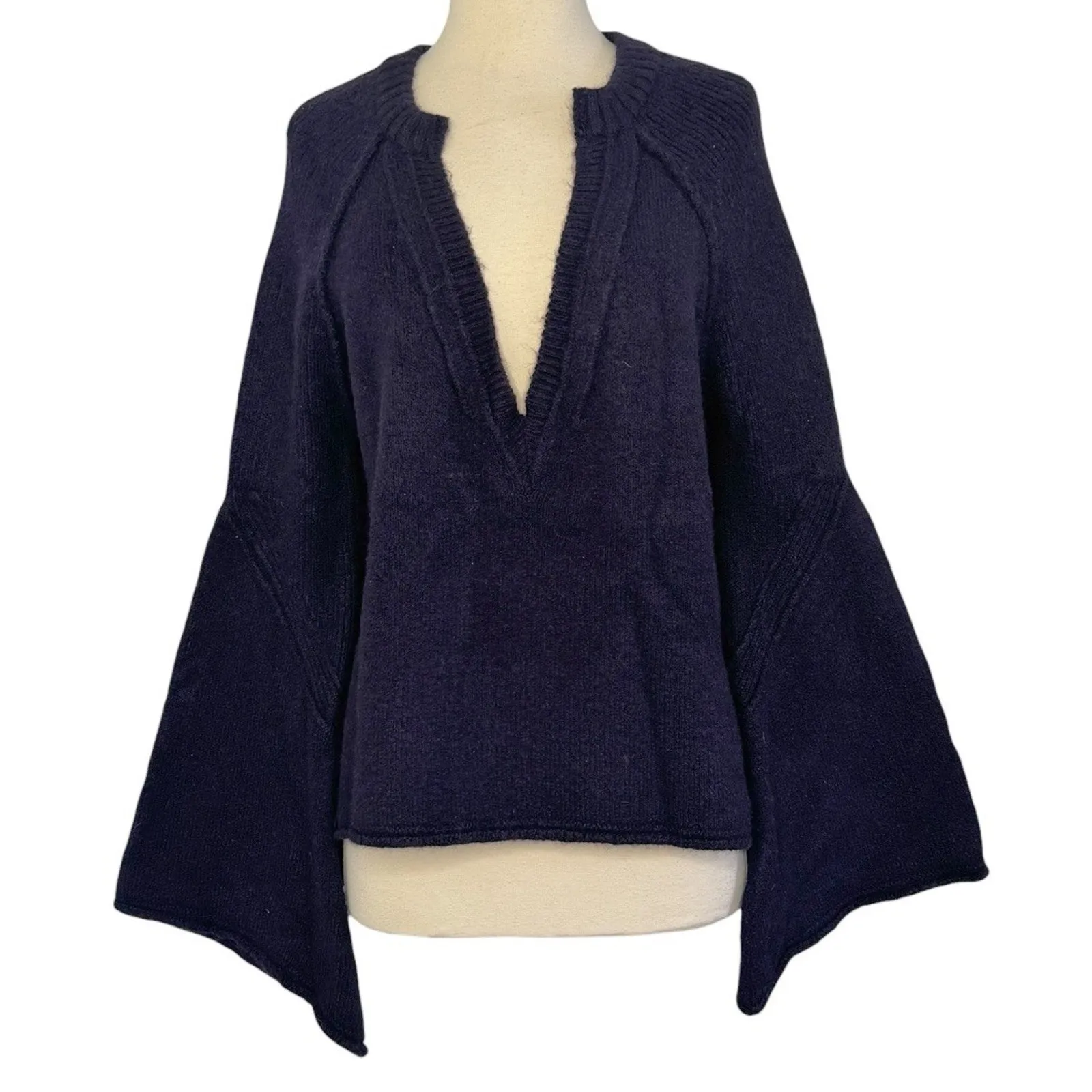 FREE PEOPLE Lovely Lines Bell Sleeve Textured Sweater Dark Purple Deep V Neck XS - Image 3