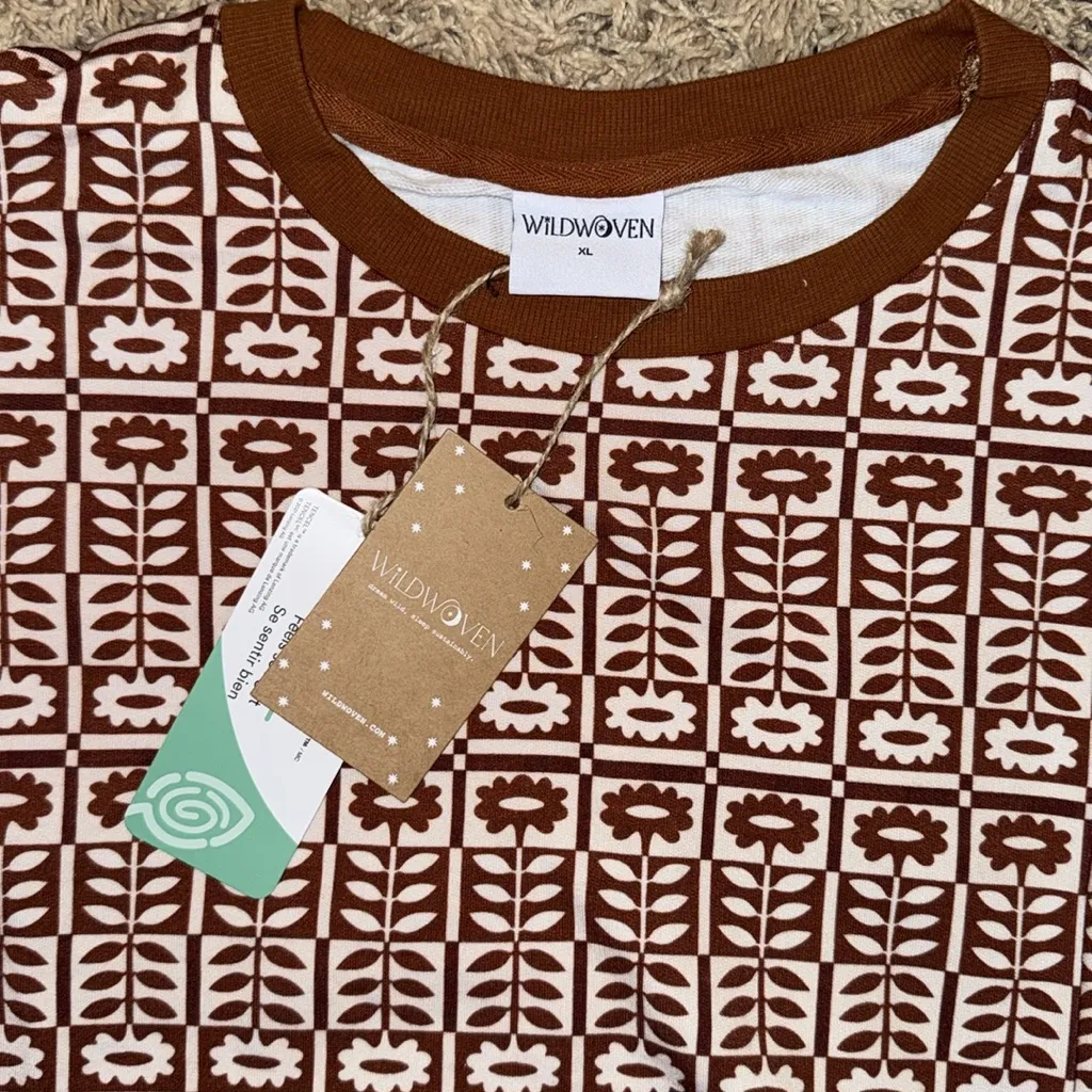 Wild woven women’s retro floral sweatshirt rust brown NWT XL - Image 4