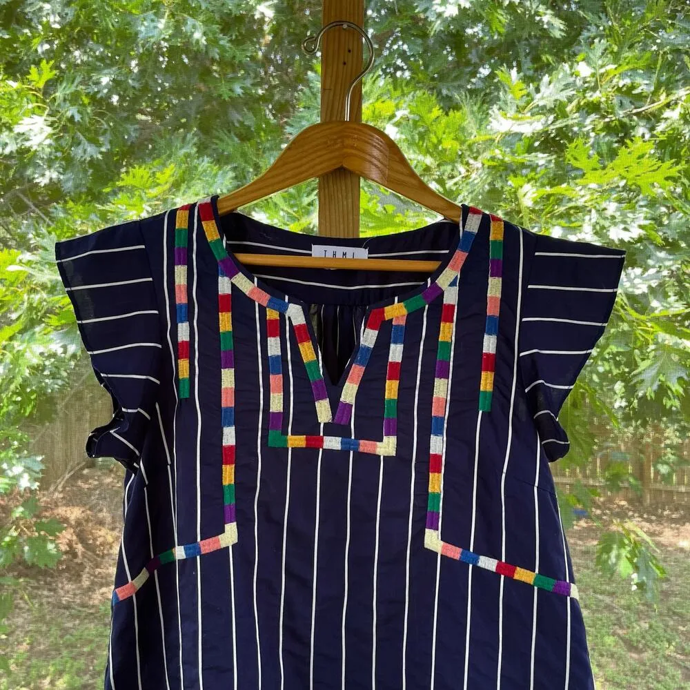 THML Women's Navy Stripe Rainbow Trim Top Size S - Image 3