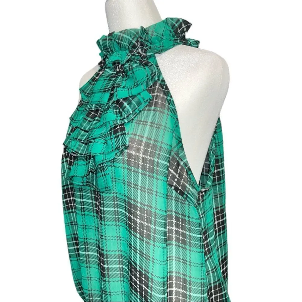 XXI cute green and black plaid high collar ruffle sleeveless top. New - Image 5