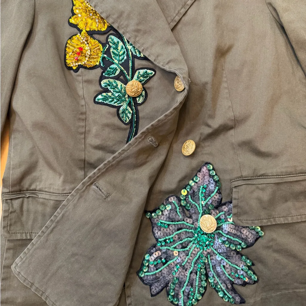 History Repeats Sequin Olive Green Military Style Blazer Size undefined - Image 3