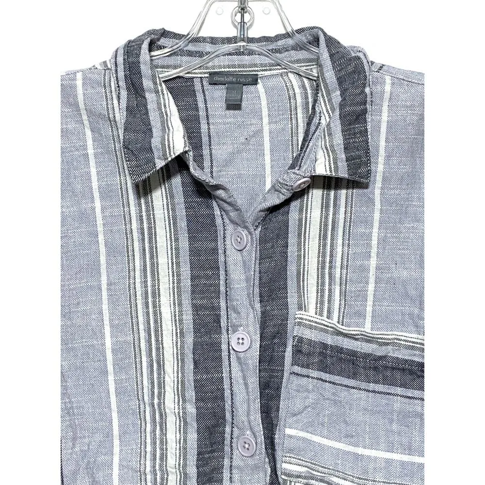 Charlotte Russe Crop Top Button Blouse Striped Roll Tab Long Sleeve Womens M - Image 6