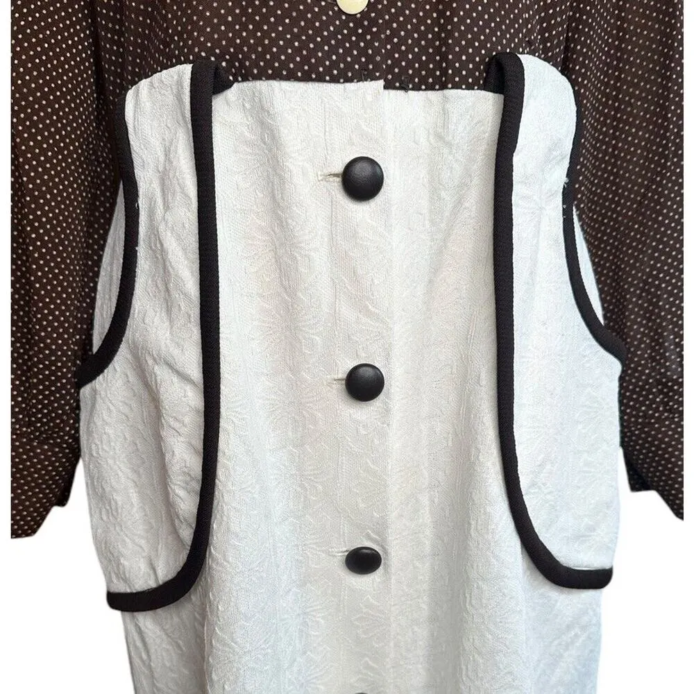 Vtg 70's Dress Hippie Mod Gogo Big Point Collar Brown White Polka Dot Pockets M? Size M - Image 3