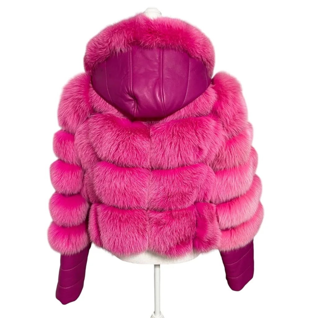 Smith Fine Furs Genuine Fox Fur Convertible Hooded Jacket To Vest Pink Dyed 2XL Size 2X - Image 6