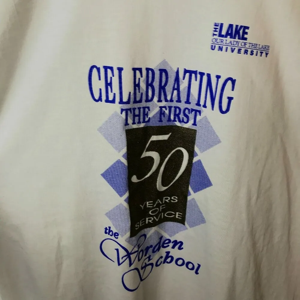 Vintage 90s Worden School 50th Anniversary T Shirt Large White Screen Stars Logo - Image 14