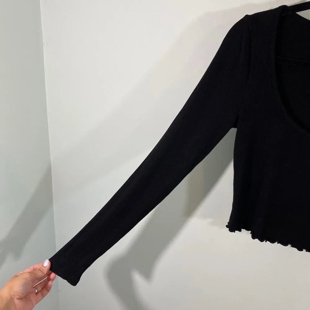 & Other Stories Black Scoop Neck Ruffle Hem Ribbed Long Sleeve Top Size EUR S - Image 6