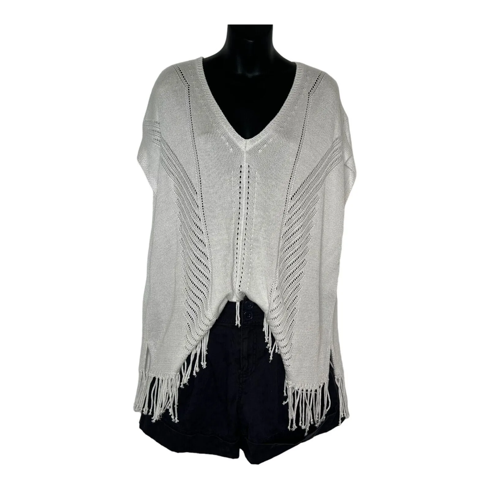 New SAKS FIFTH AVE White Crochet‎ Fringed Sweater Poncho Boho Oversized Top XS - Image 3