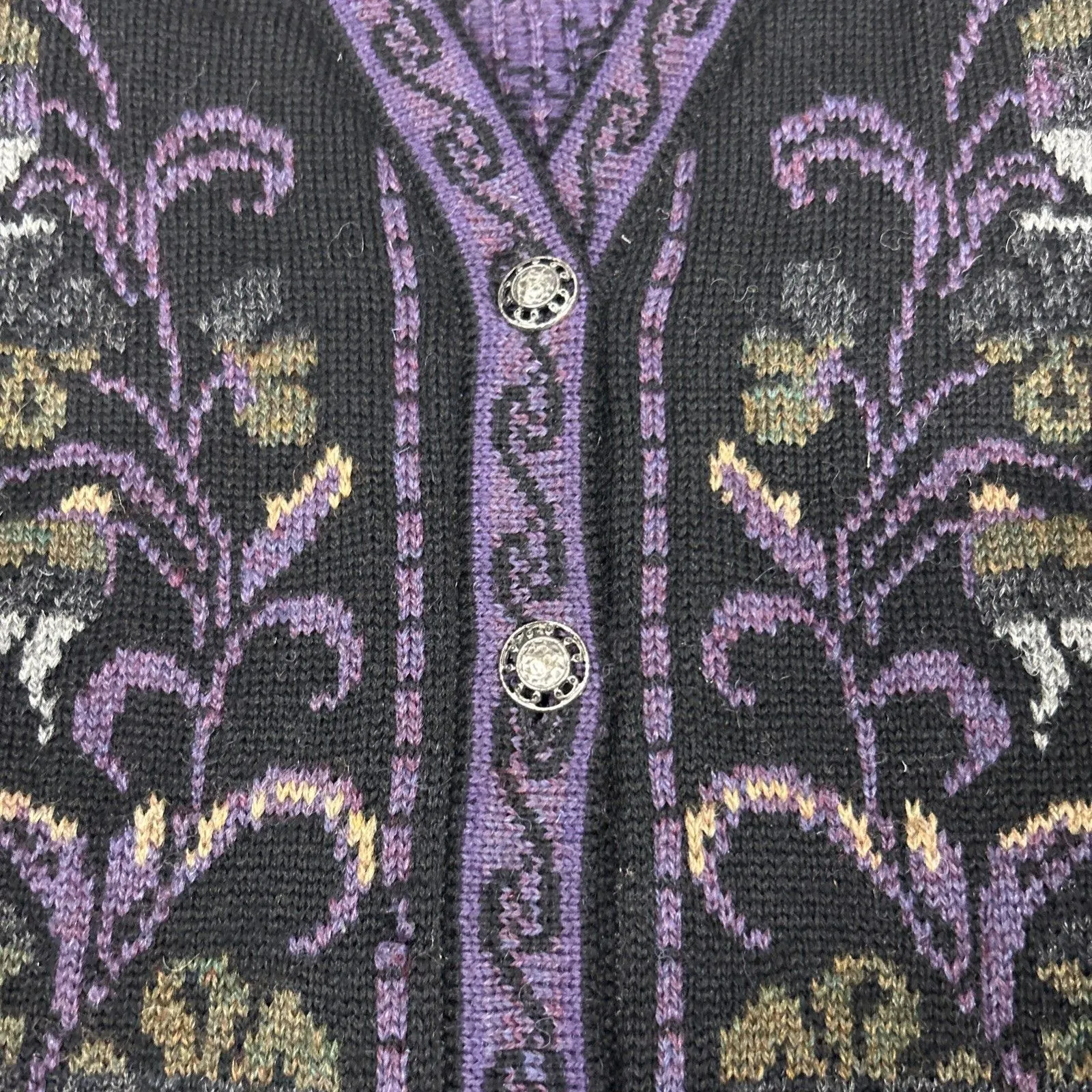 Cherry Lewis Sweater Womens Medium Purple Wool Floral Tapestry Cardigan England - Image 3