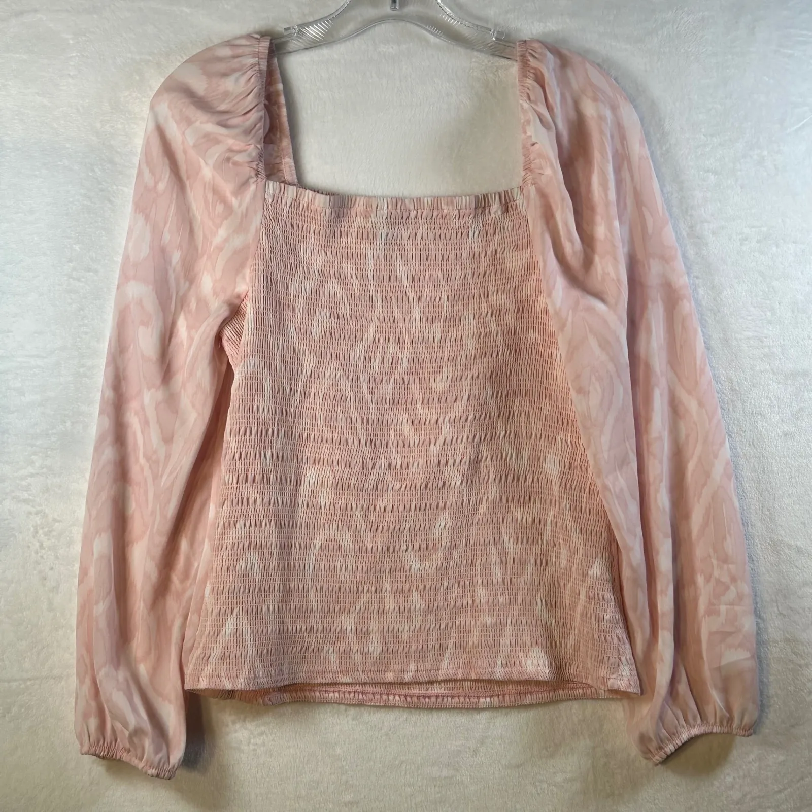 Halogen Pink Abstract Print Smocked Square Neck Long Sleeve Top Women's Medium - Image 2