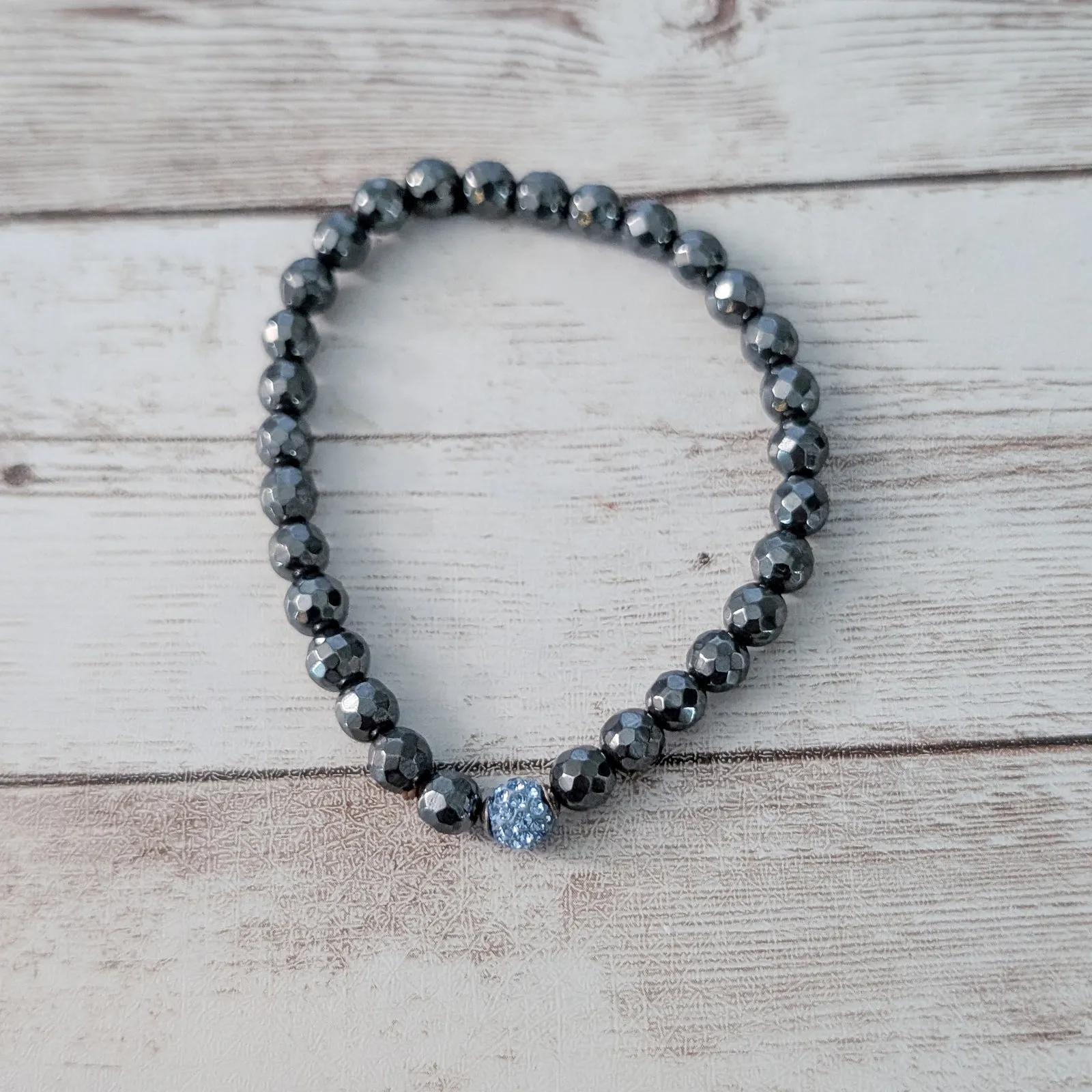Dark Grey Stretch Bracelet with One Bead with Blue Gems Gray - Image 3