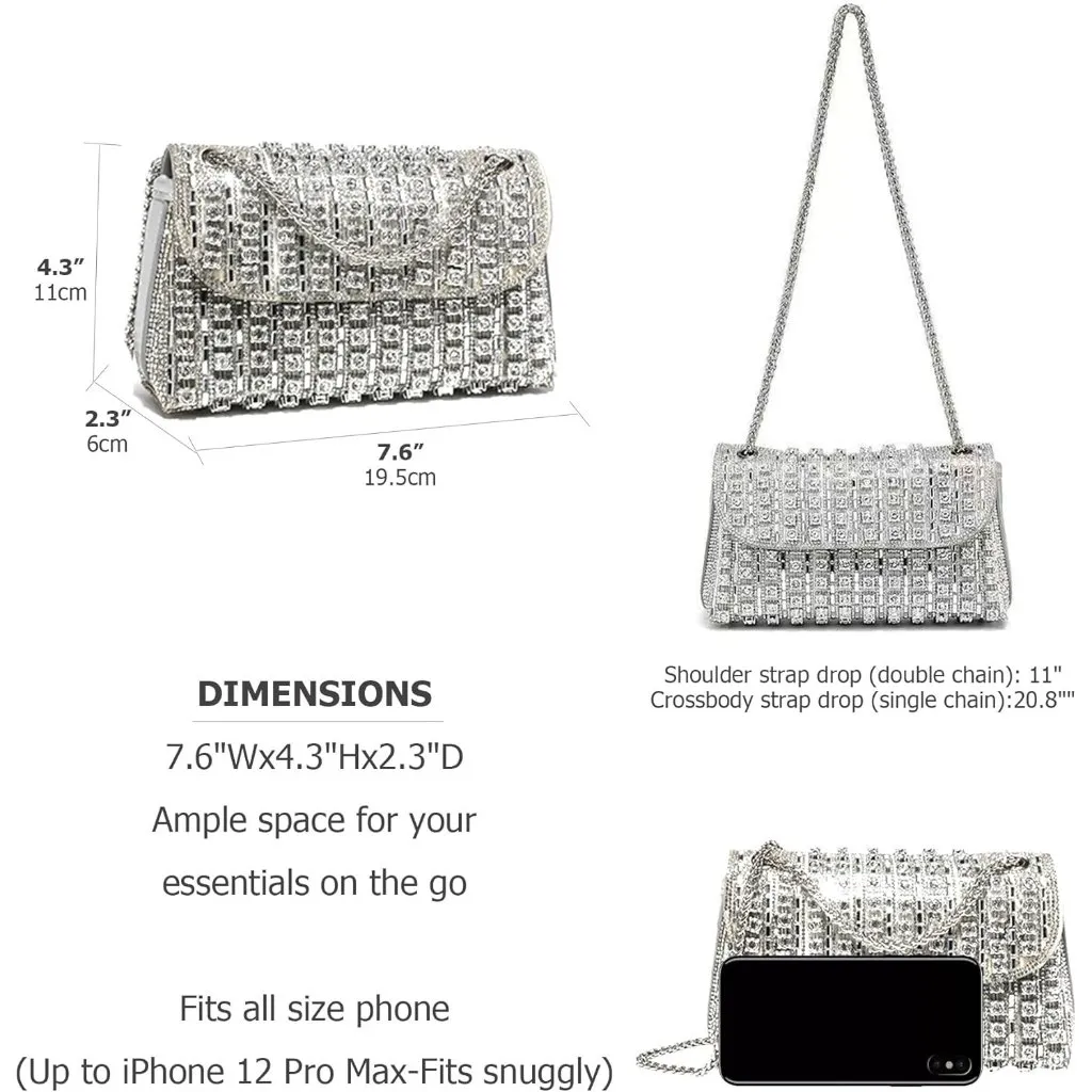 ⚡ Women's Rhinestones Silver Chain Shoulder Sparkly Cocktail Clutch Party Bag - Image 2