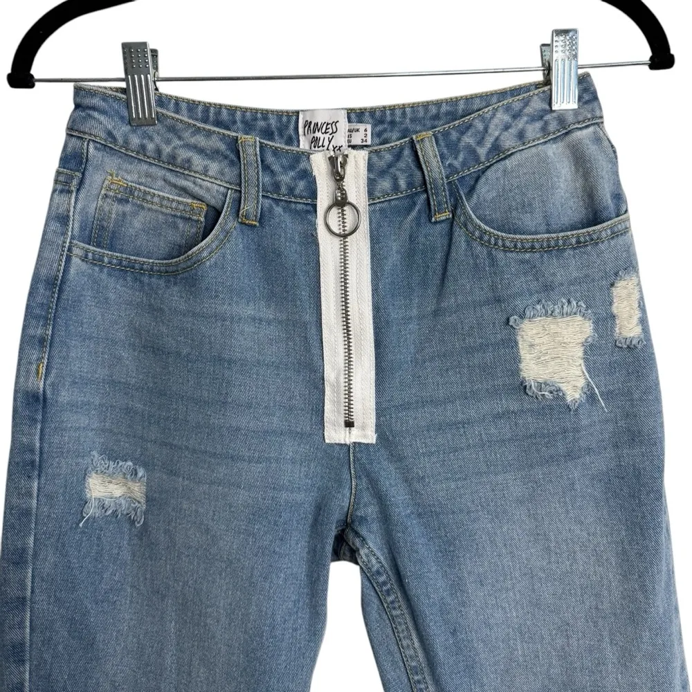 Princess Polly Mabel Front Zipper Distressed Shark Bite Hem Blue Skinny Jeans - Image 3