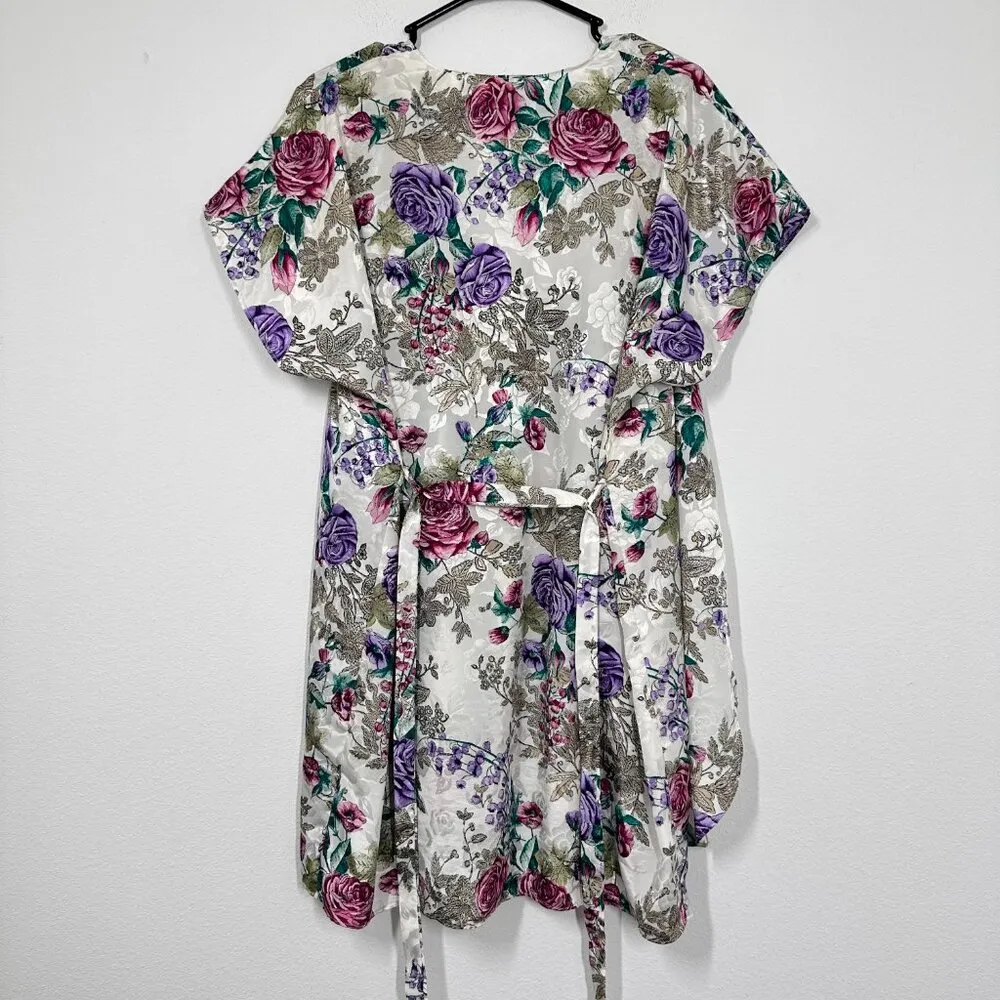 Vintage California Miss Womans Slick Satin Robe Ivory Floral Robe Slip Set‎ Purple Size M - Image 3