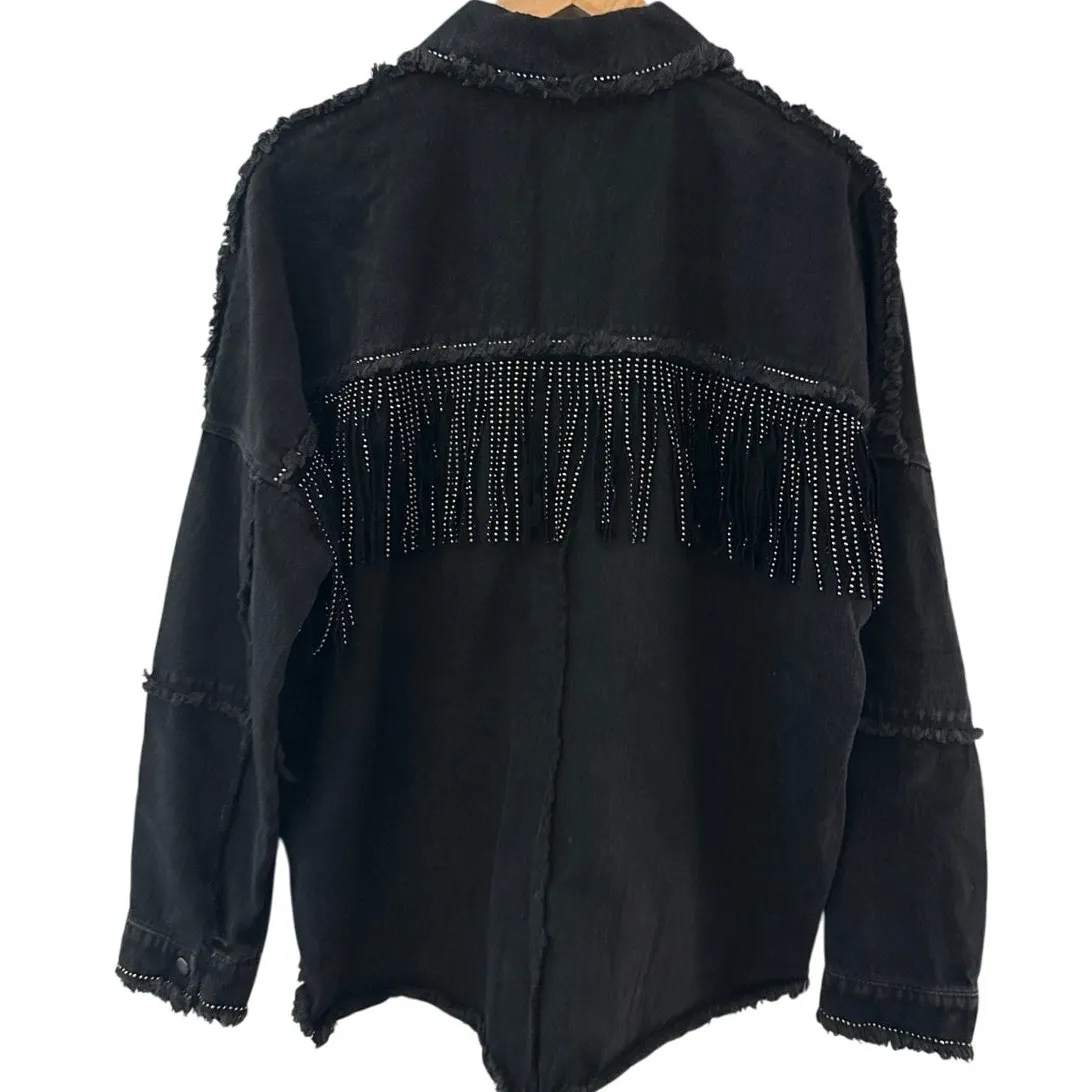 Zara Rhinestone Fringe Studded Jean Jacket‎  Black Size Medium - Image 6
