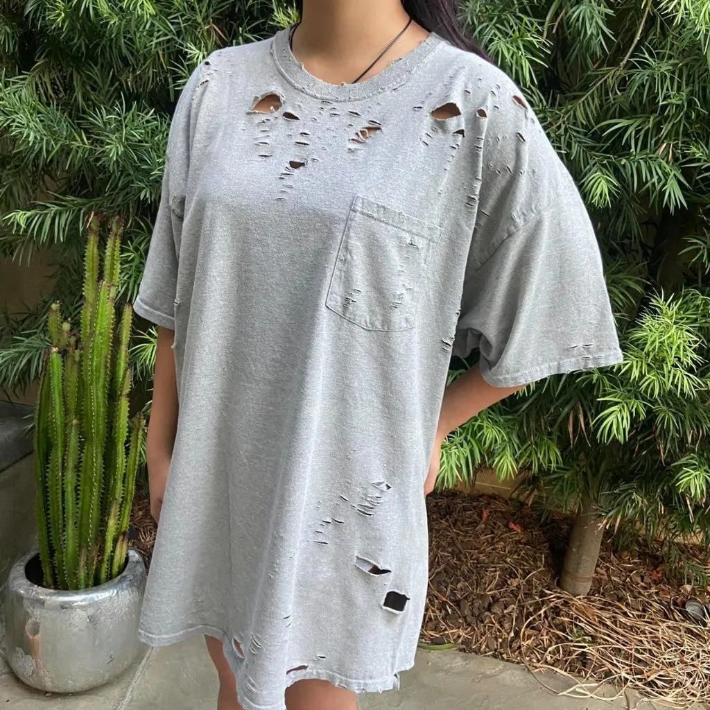 Distressed Light Gray Heather short sleeve pocket crewneck T-shirt 3XL - Image 2