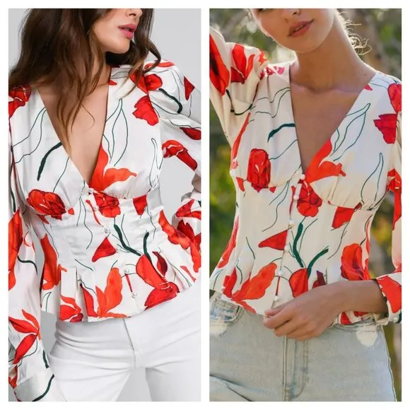 NEW Hutch Britt Button Front V-Neck Satin Top Puff Sleeve White Red Women's XS - Image 2