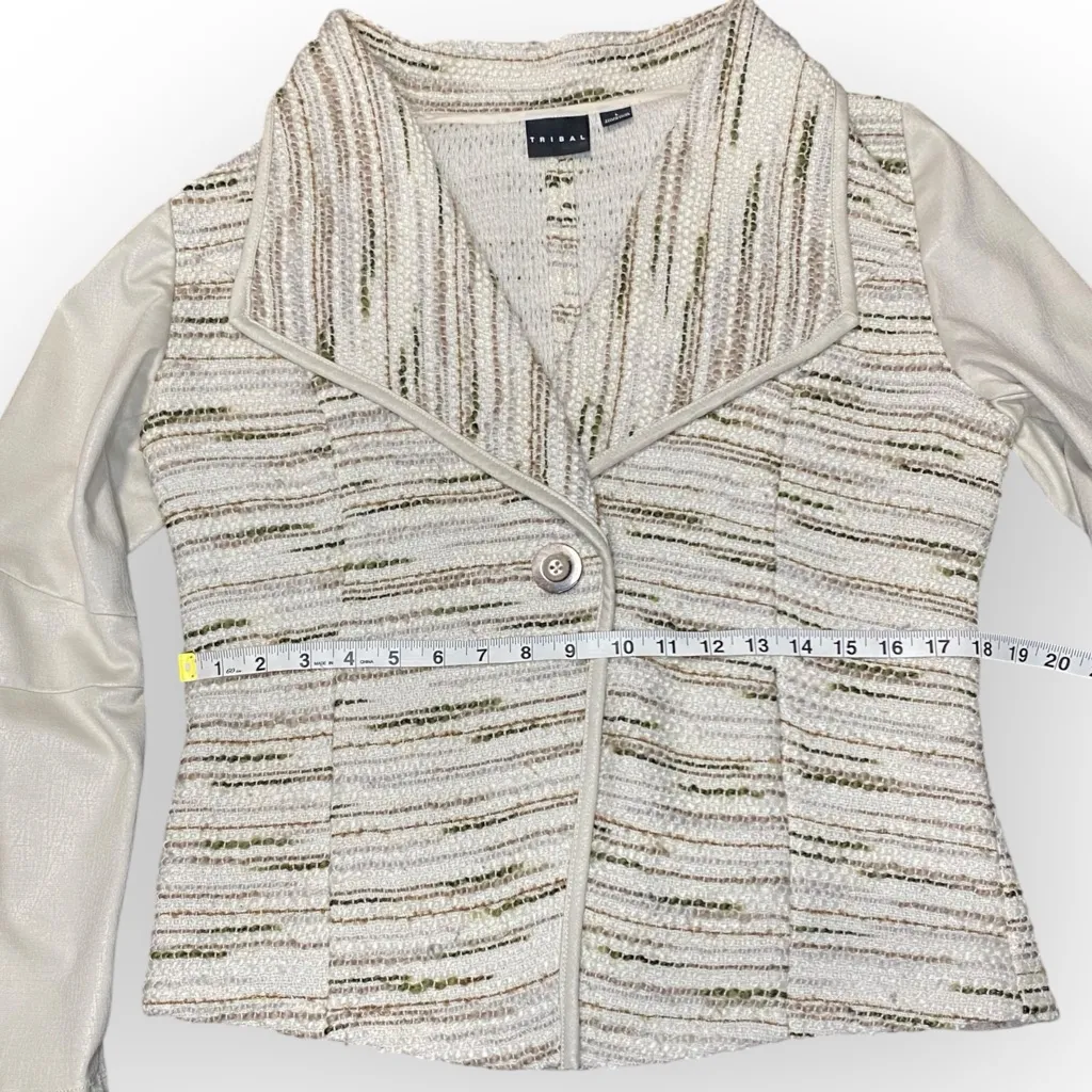 Tribal Large Button Front Cardigan Sweater Jacket Beige Cream Stripe Knit Moto Tan - Image 5