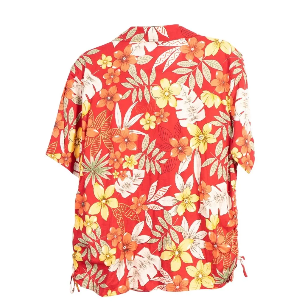 Pappagallo Hawaiian Shirt Womens XL Red Floral Ruched Drawstring Side Buttons - Image 6
