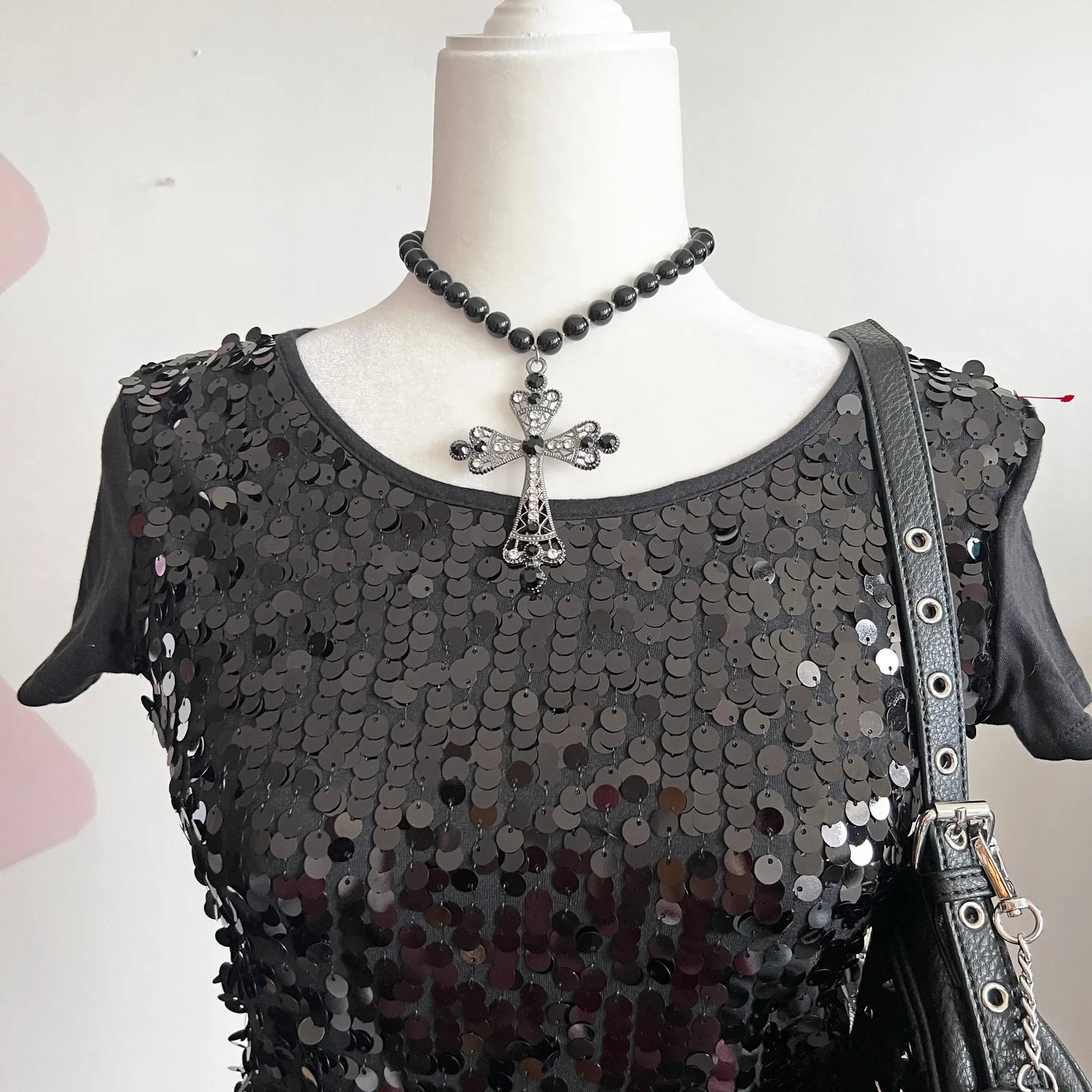 Black Sequin Top, Y2K, Clubwear, Edgy, Baddie, Maximalist,‎ Glam, XS - Image 2