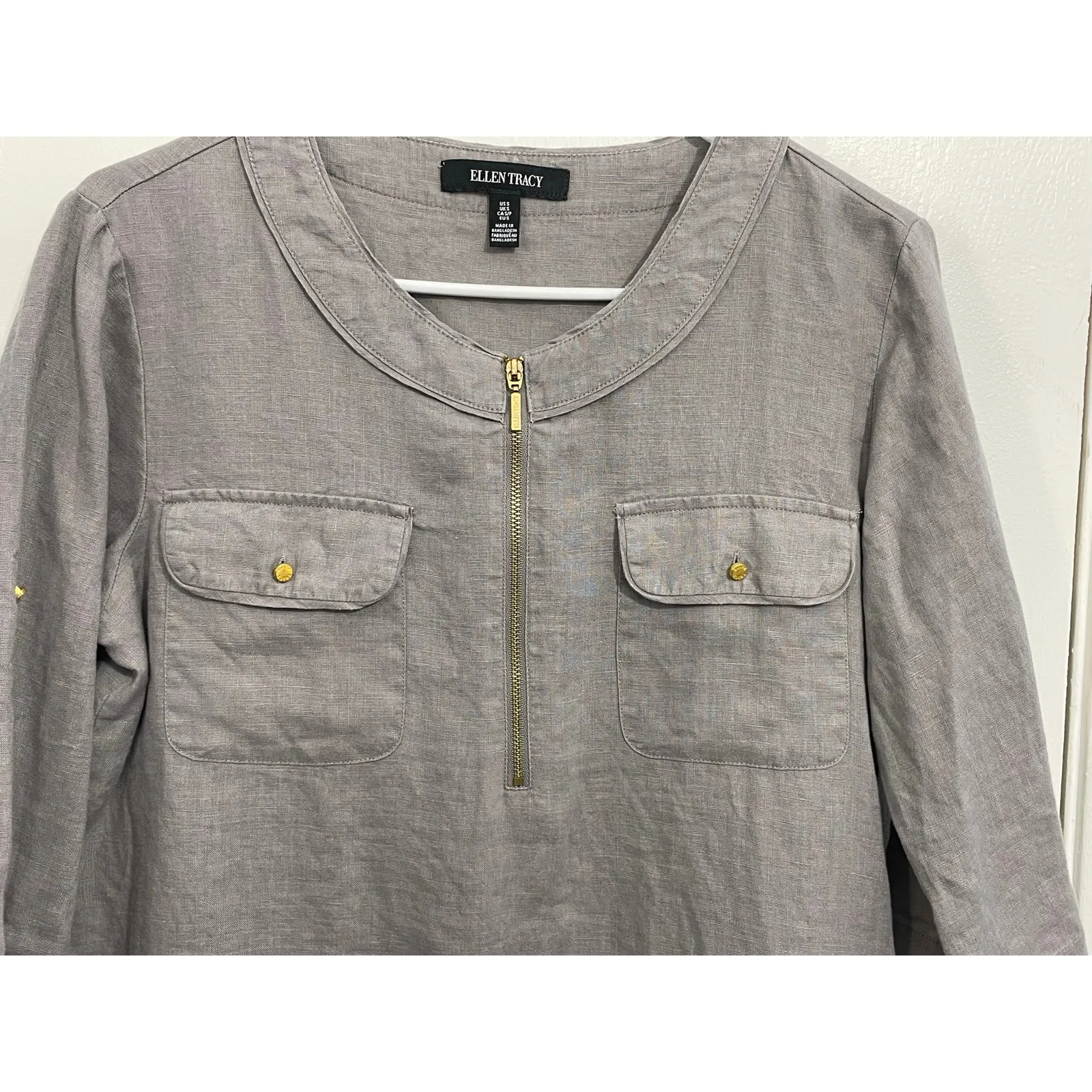 Ellen Tracy Linen Blouses Lot of 2 Small Gray White Lagenlook Minimalist Preppy - Image 3