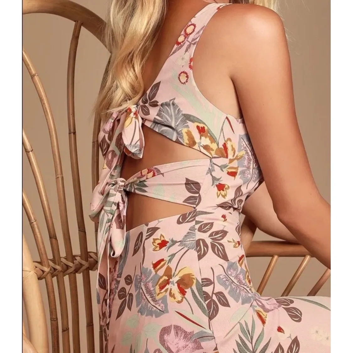 NWT Lulus Floral Midi Dress Square Neck Back Tie Cutout Pink Tropical Size S - Image 2