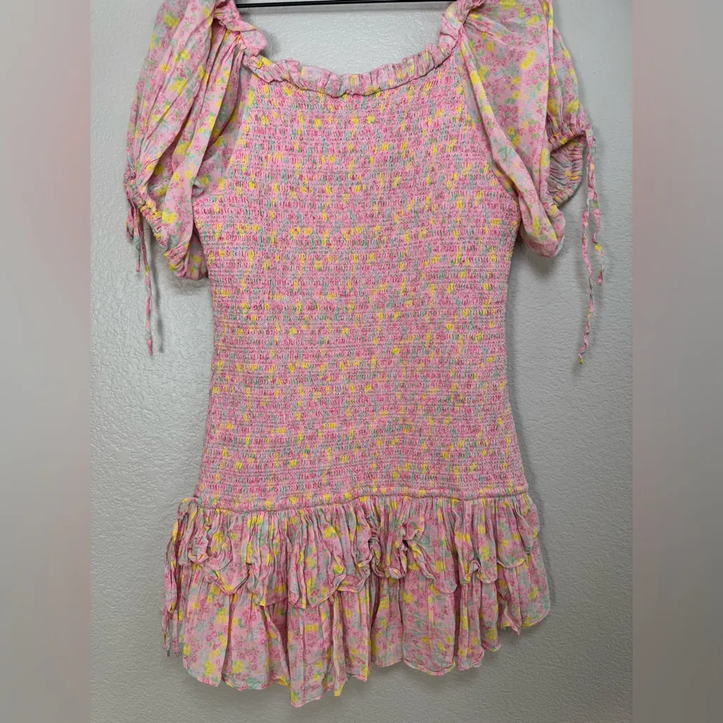Loveshackfancy Violet Ruffle Mini Dress in Floral Melon Punch size Large $395 - Image 11