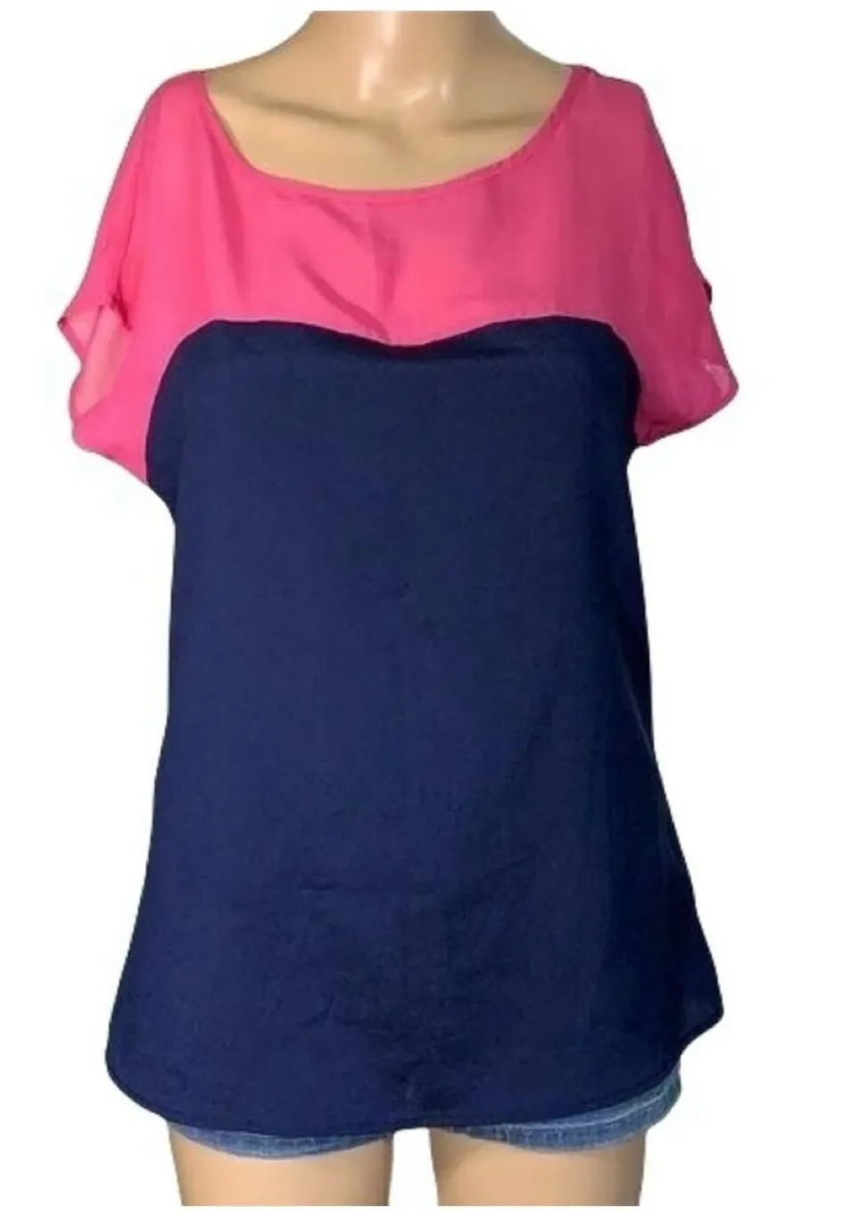 Hot Tempered Womens Blouse Top Shirt Colorblock Silky Pullover Pink Blue Medium - Image 1